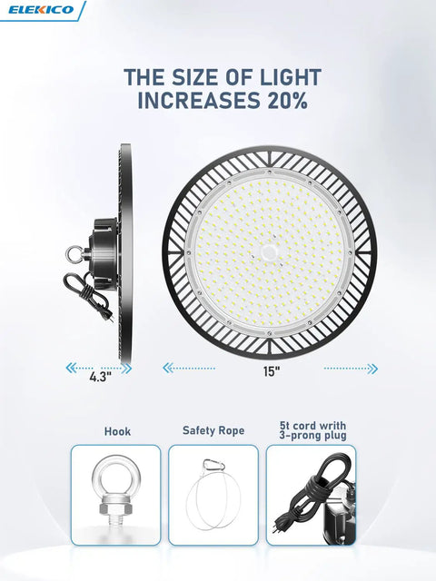 Six Pack 350W Led UFO High Bay Lights 52500LM 5000K Beast Bright side and front view with 5 ft cord and accessories