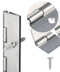 Top Shelf Stainless Steel Piano Hinges Measure Twelve Inches With Pre Drilled Holes And Screws Included For Boat Doors And Garage Builds Smooth Install close-up of hinge and screw
