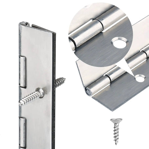 Top Shelf Stainless Steel Piano Hinges Measure Twelve Inches With Pre Drilled Holes And Screws Included For Boat Doors And Garage Builds Smooth Install close-up of hinge and screw