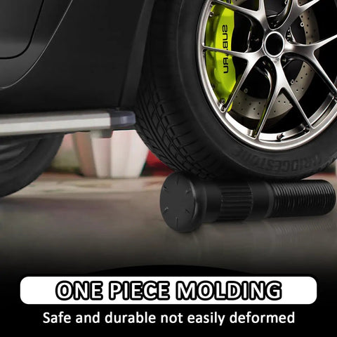 Six Pack Press In Wheel Studs One Half Inch Twenty Thread For Dexter Trailer Hubs On 5200 To 7000 Lb Axles Two Point Seven Inch Long With Zero Point Six Eight Inch Spline And One Point Three Eight Inch Base near a car wheel.