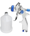 Professional Low Pressure Pneumatic Paint Sprayer With 600ML Hopper For Water Based Paint Adjustable Flow Control, featuring chrome handle and white reservoir.