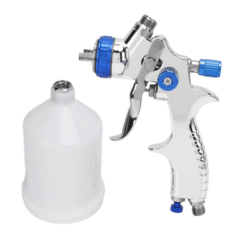 Professional Low Pressure Pneumatic Paint Sprayer With 600ML Hopper For Water Based Paint Adjustable Flow Control, featuring chrome handle and white reservoir.