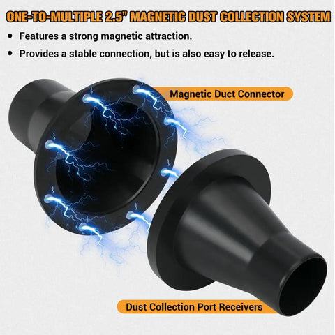Magnetic Dust Collection Fittings For 4 To 2.5 Inch Systems with hose port and receiver couplers, featuring magnetic connectors
