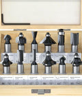 Open wooden case displaying 12-piece Pro Grade Tungsten Carbide Router Bits Set With One Half Inch Shank for woodworking.