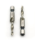 2 Piece M2 High Speed Steel 8 32 Thread Hex Bit Combo Drill Tap Countersink Tool shown with tapered precision tips.