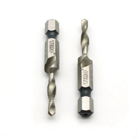2 Piece M2 High Speed Steel 8 32 Thread Hex Bit Combo Drill Tap Countersink Tool shown with tapered precision tips.