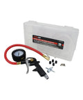 Pistol Grip Tire Inflator Gauge Kit with One Quarter Inch Fittings, gauge, hose, chuck, deflate button, and storage case.