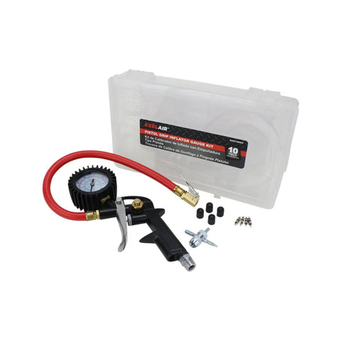 Pistol Grip Tire Inflator Gauge Kit with One Quarter Inch Fittings, gauge, hose, chuck, deflate button, and storage case.