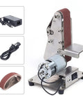 Hella Smooth Dual Bearing Mini Bench Belt Sander Including Ten Premium Sanding Belts For Polishing Grinding And Workshop Professional Tool Sharpening At Variable Speeds with motor and abrasive belts.