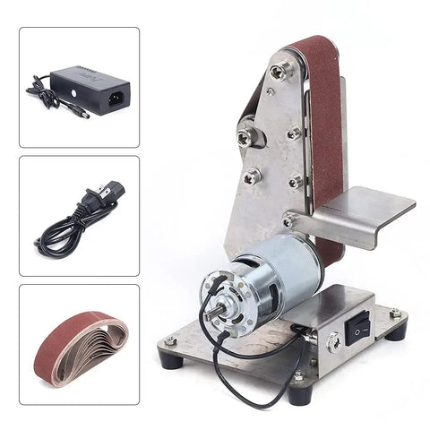 Hella Smooth Dual Bearing Mini Bench Belt Sander Including Ten Premium Sanding Belts For Polishing Grinding And Workshop Professional Tool Sharpening At Variable Speeds with motor and abrasive belts.