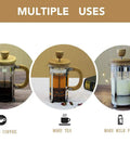 12 Ounce French Press Coffee Maker With Stainless Steel Filter And Borosilicate Carafe, One Cup Brew showing coffee, tea, milk.