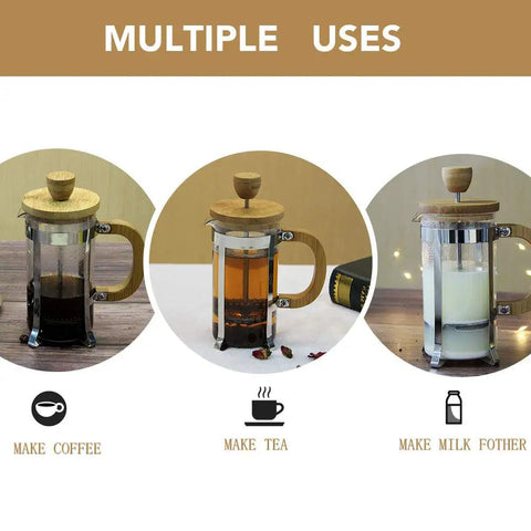 12 Ounce French Press Coffee Maker With Stainless Steel Filter And Borosilicate Carafe, One Cup Brew showing coffee, tea, milk.
