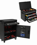Heavy Duty Rolling Tool Chest With Double Doors And Five Deep Drawers Engineered For Garage Or Warehouse Grunt Work That Keeps Your Gear Tidy And Ready For Any Damn Job with tools visible inside.