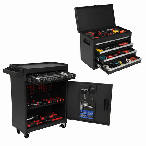 Heavy Duty Rolling Tool Chest With Double Doors And Five Deep Drawers Engineered For Garage Or Warehouse Grunt Work That Keeps Your Gear Tidy And Ready For Any Damn Job with tools visible inside.