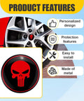 Dope Skull Wheel Hub Center Cap Stickers Set Of Four Two Point Two Inch Metal Aluminum Rim Emblems on a silver wheel with red accents.