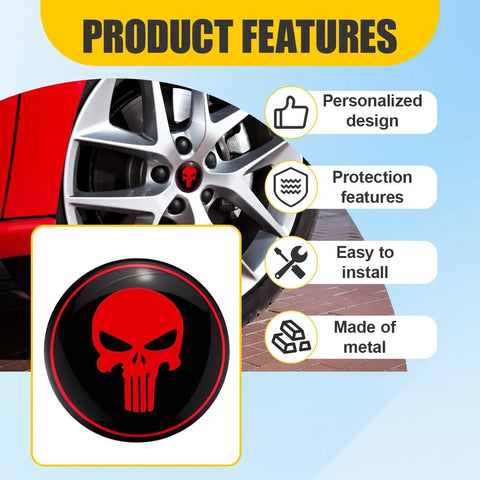 Dope Skull Wheel Hub Center Cap Stickers Set Of Four Two Point Two Inch Metal Aluminum Rim Emblems on a silver wheel with red accents.