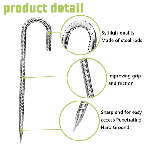 Close-up of Heavy Duty Galvanized Ground Stakes 12 Inch J Hook Rebar Anchors showing texture and pointed end
