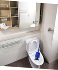 Heavy Hitter Two Piece Toilet Plunger Set With Grippy Handle To Kick Loose Stubborn Sink Clogs Using Rapid Air Surge For Smooth Bathroom Drain Clearing Zero Sweat Days in bathroom, blue plunger in toilet.