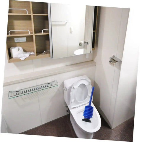 Heavy Hitter Two Piece Toilet Plunger Set With Grippy Handle To Kick Loose Stubborn Sink Clogs Using Rapid Air Surge For Smooth Bathroom Drain Clearing Zero Sweat Days in bathroom, blue plunger in toilet.