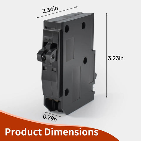 Image of Tandem 1 Pole 20 Amp Circuit Breaker Plug-In 120/240V AC With 10kA Interrupting Rating, dimensions labeled.