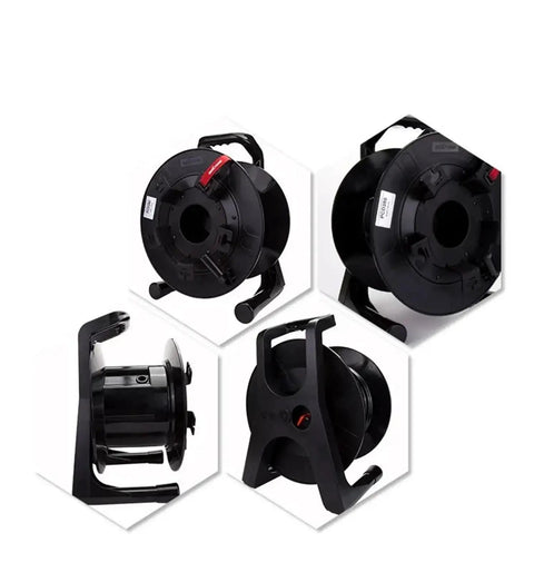 Rock Solid Polymer Cable Reel For Optical Fiber Management Heavy Duty Portable Spool viewed from multiple angles, featuring unbreakable black plastic design.