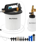 One Person Brake Bleeder Vacuum Pump Kit For Air Compressor Pneumatic Brake System And Clutch Fluid Bleeding Extractor With Adapters And 1L Refill Bottle Includes 3L Reservoir For Easy Solo Brake Service, shown with components and hoses