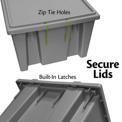 Zip tie holes and built-in latches of Rock Solid Heavy Duty Plastic Storage Totes Six Pack Gray Nestable Stacking Distribution Crates.