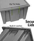 Heavy Duty Nest And Stack Plastic Storage Containers In Gray Built Tough For Daily Hauls And Worksite Organizing features secure lids with zip tie holes and built-in latches.
