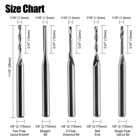 Size chart of CNC Router Bits Set For Wood PVC MDF Hardwood 10 Pack With 1/8 Inch Shank And 1/16 Inch Cutting Diameter Carbide End Mills