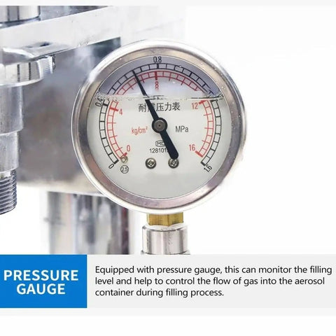 Pressure gauge on Heavy Duty Manual Aerosol Spray Can Refill Station for monitoring gas flow during filling process.