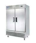 Heavy Duty Commercial Two Door Freezer With Forty Six Cubic Feet Of Space Frost Free Tech And Brushed Stainless Steel Shell, front view.
