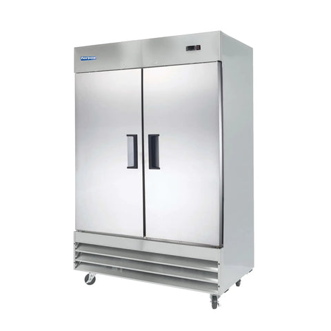 Heavy Duty Commercial Two Door Freezer With Forty Six Cubic Feet Of Space Frost Free Tech And Brushed Stainless Steel Shell, front view.