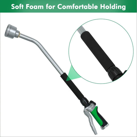 24 Inch Long Watering Wand with flow control, metal body, ergonomic grip with soft foam, gentle soft shower sprayer.