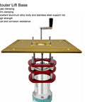 4 Jaw Router Lift System top view showcasing aluminum plate, steel rods, and clamping mechanism for height adjustments. Level Up Your Workshop Game With This Sweet 4 Jaw Router Lift System Featuring Rock Solid Aluminum Plate And Heavy Duty Steel Rods For Fast Height Tweaks On Small Trimming Power Tools.