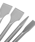 Masonry Chisel Set Four Piece For Rotary Hammer Drills Includes Point Flat Wide Scaling Tile Chisels Built Tough showing 40CrMo Alloy Steel