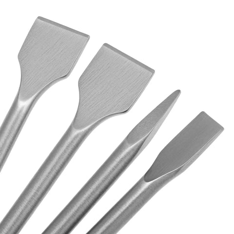Masonry Chisel Set Four Piece For Rotary Hammer Drills Includes Point Flat Wide Scaling Tile Chisels Built Tough showing 40CrMo Alloy Steel
