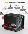 Beefy 5000 Watt Pure Sine Wave Power Inverter showing six protection functions, includes overheat and overload protection.