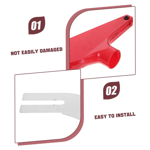 Red Table Saw Guard Shell With Material Separating Knife close-up with installation feature text, workshop dustproof cover.