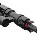 Close-up of Two To One T Branch Solar Panel Connector For PV Systems MFF And FMM Compatibility Just Snap In Design 1000V To 1500V DC