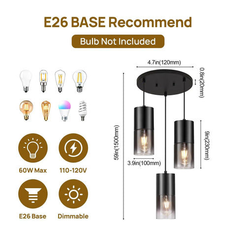 Black Industrial Kitchen Island Pendant Light With Black Glass Shade 3 E26 Bulbs Farmhouse Chandelier Fixtures diagram