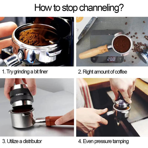 51mm Bottomless Portafilter With 2 Ears used in espresso preparation steps with stainless steel filter basket shown.
