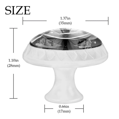 4 Pcs 1.37 Inch Round Glass Cabinet Knobs Black Butterfly Design showing size dimensions for kitchens and dressers.