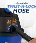 Wet Dry Vacuum Cleaner For Home And Shop Use, 2 Gallon Portable Shop Vac With 2.0 Peak HP and twist-lock hose close-up