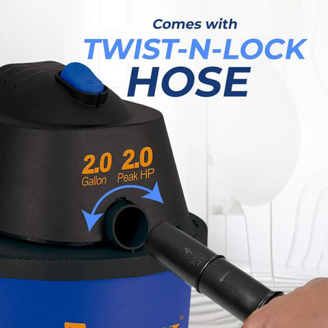 Wet Dry Vacuum Cleaner For Home And Shop Use, 2 Gallon Portable Shop Vac With 2.0 Peak HP and twist-lock hose close-up