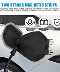 Magnetic Ev Charger Port Cover With All Weather Rain Snow Uv Shield For Electric Cars Portable Black charging plug protector attached to vehicle.