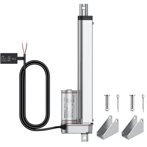 12V Linear Actuator, 160 Lbs, 750N, 8 Inch 200 mm Travel, IP54 Waterproof, shown with mounting brackets and wiring