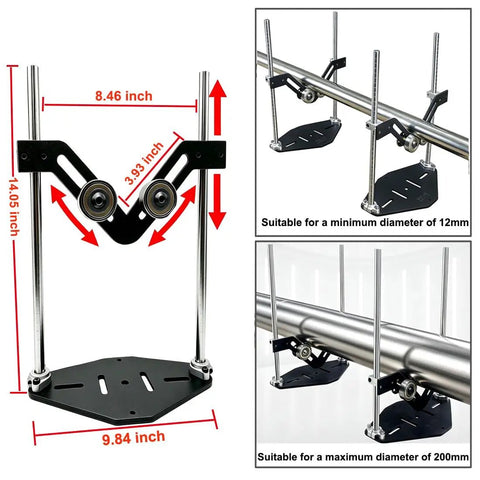 Heavy Duty Adjustable Pipe Rolling Rig With Rock Solid V Frame Base for smooth spinning, showing dimensions and adjustment features.