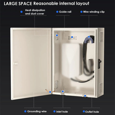 Killin Electric Vehicle Charger Enclosure Lock Box Wall Mount with key combo lock, showing internal layout and features.
