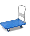Heavy Duty Flatbed Hand Truck Cart With Foldable Handle 600 Pound Capacity Quiet Wheels Widened Cargo Baffle For Stable Load A Real Workhorse For Factories Shops And Moving Tasks, blue metal flatbed