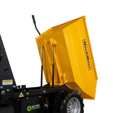 Electric Mini Dumper 1100Lbs Capacity Wheel Barrow With 48V Brushless Motor features a bright yellow dump cart with an open bed.